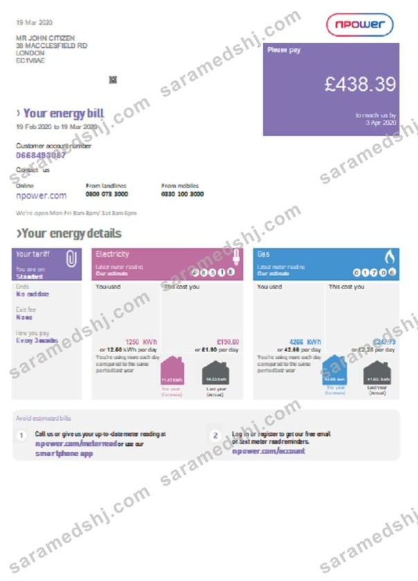 United Kingdom Npower utility bill template in Word and PDF format